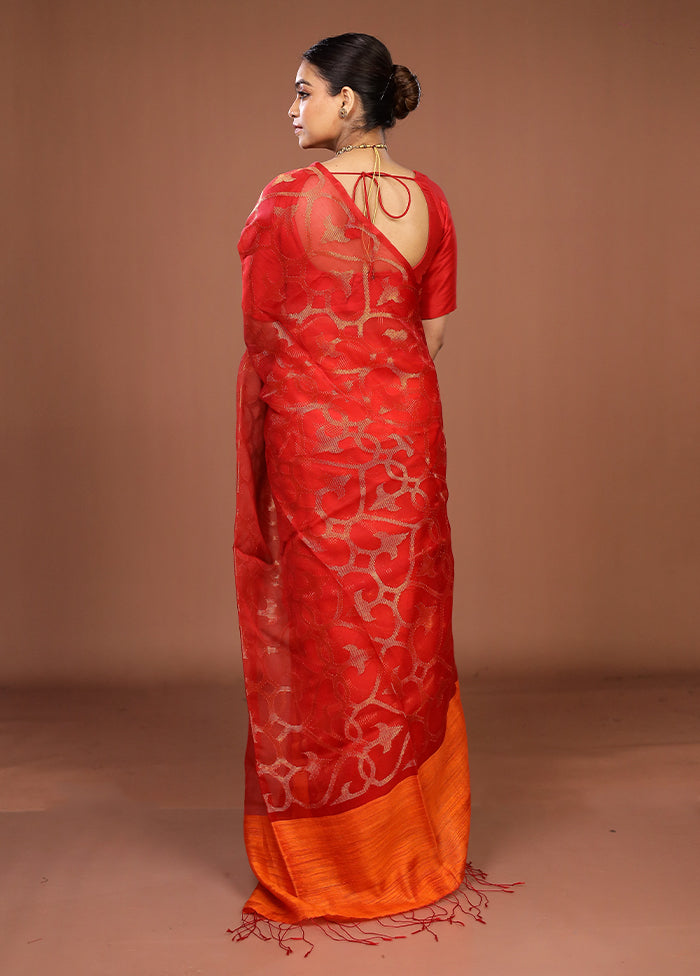 Rust Handloom Matka Pure Silk Saree With Blouse Piece