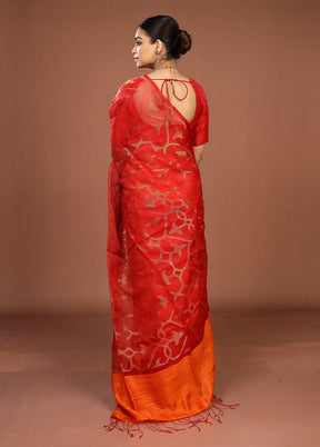 Rust Handloom Matka Pure Silk Saree With Blouse Piece