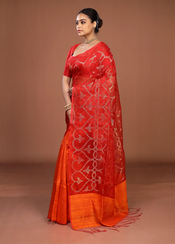 Rust Handloom Matka Pure Silk Saree With Blouse Piece