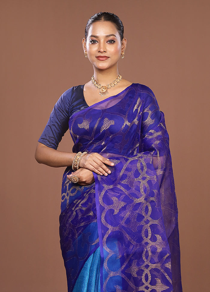 Blue Handloom Matka Pure Silk Saree With Blouse Piece