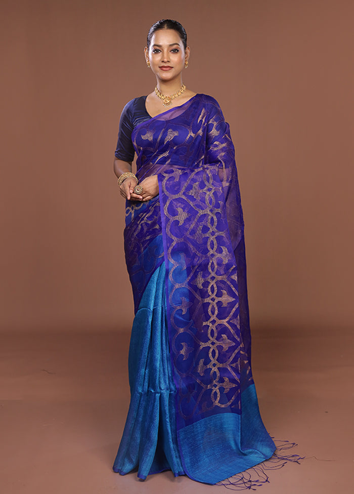Blue Handloom Matka Pure Silk Saree With Blouse Piece