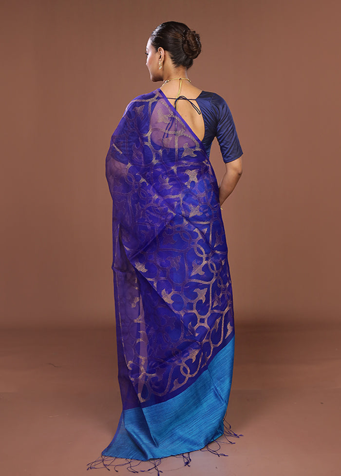 Blue Handloom Matka Pure Silk Saree With Blouse Piece