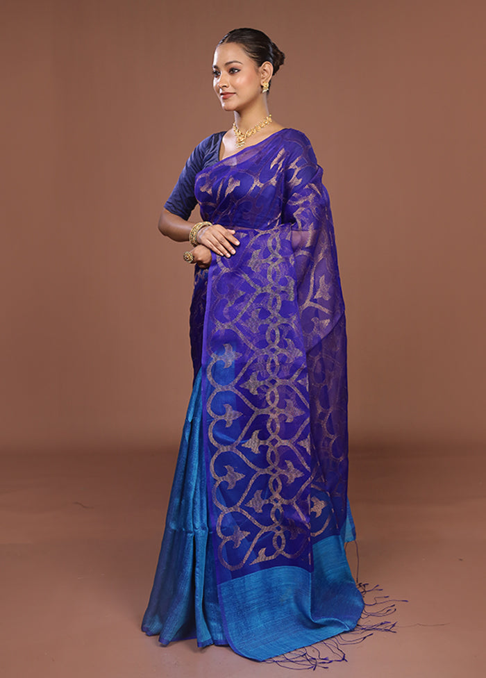 Blue Handloom Matka Pure Silk Saree With Blouse Piece