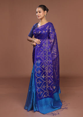 Blue Handloom Matka Pure Silk Saree With Blouse Piece