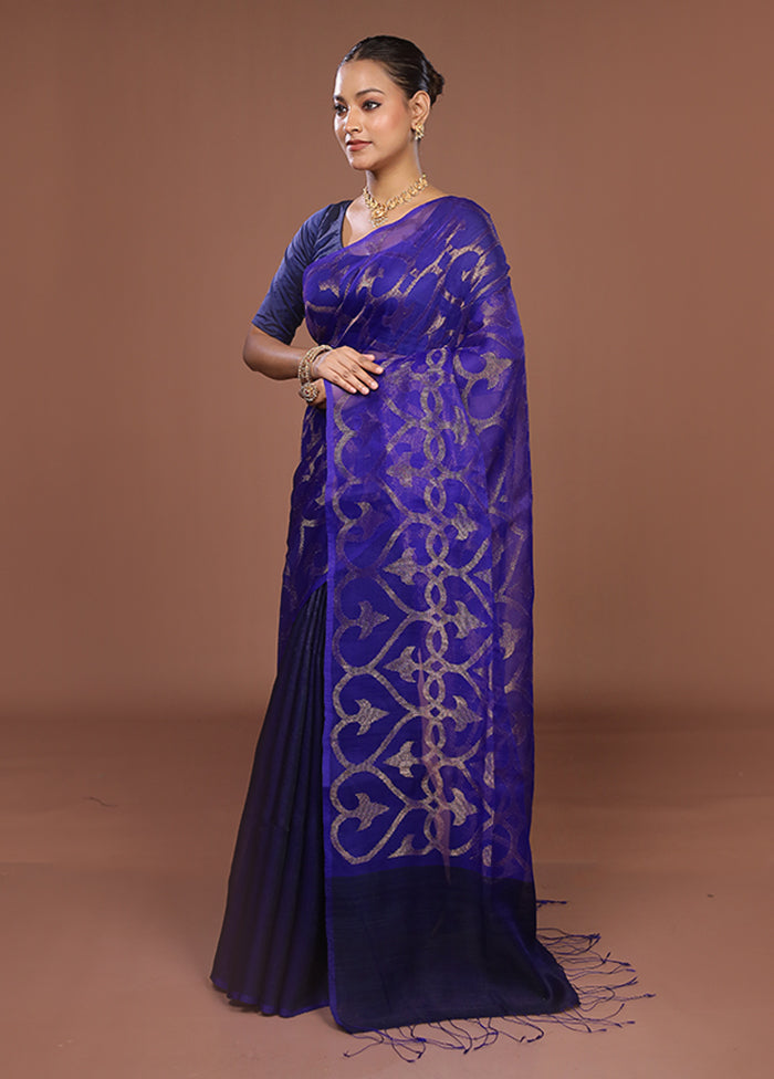 Blue Handloom Matka Pure Silk Saree With Blouse Piece