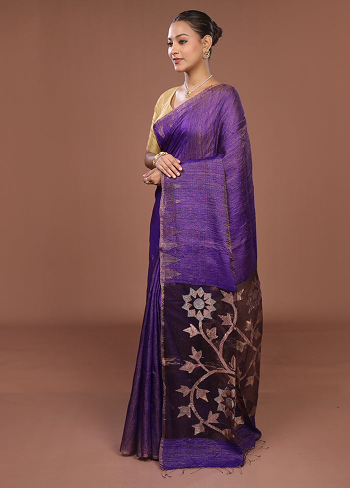 Blue Handloom Matka Pure Silk Saree With Blouse Piece