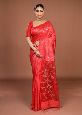 Red Handloom Matka Pure Silk Saree With Blouse Piece