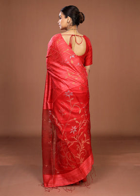 Red Handloom Matka Pure Silk Saree With Blouse Piece
