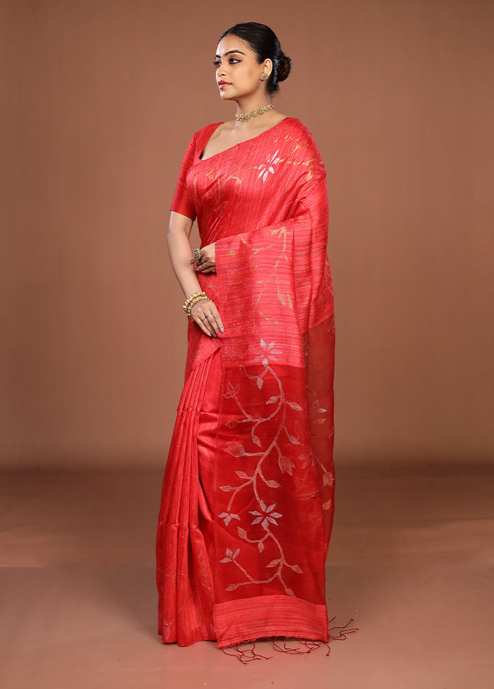 Red Handloom Matka Pure Silk Saree With Blouse Piece