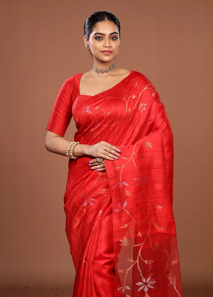 Red Handloom Matka Pure Silk Saree With Blouse Piece