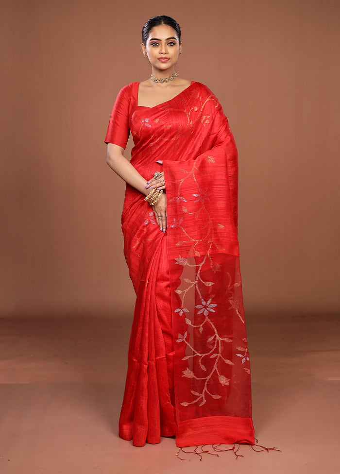 Red Handloom Matka Pure Silk Saree With Blouse Piece