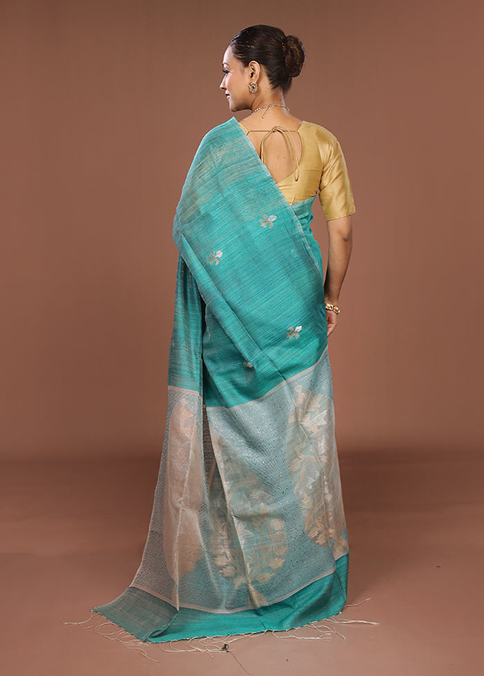Blue Handloom Matka Pure Silk Saree With Blouse Piece