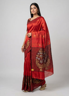Red Handloom Matka Pure Silk Saree With Blouse Piece