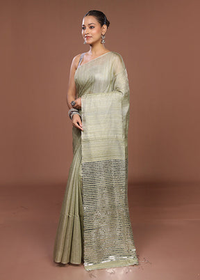 Green Handloom Matka Pure Silk Saree With Blouse Piece