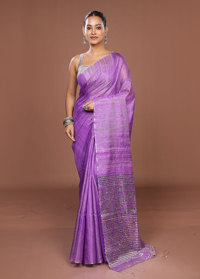 Purple Handloom Matka Pure Silk Saree With Blouse Piece
