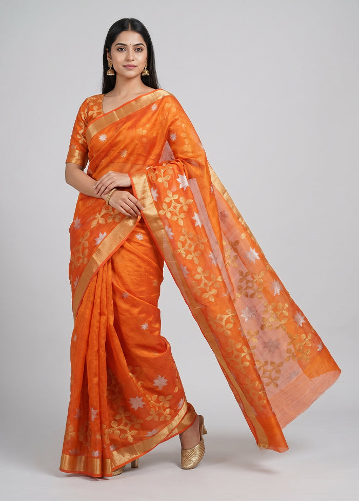 Orange Handloom Matka Pure Silk Saree With Blouse Piece