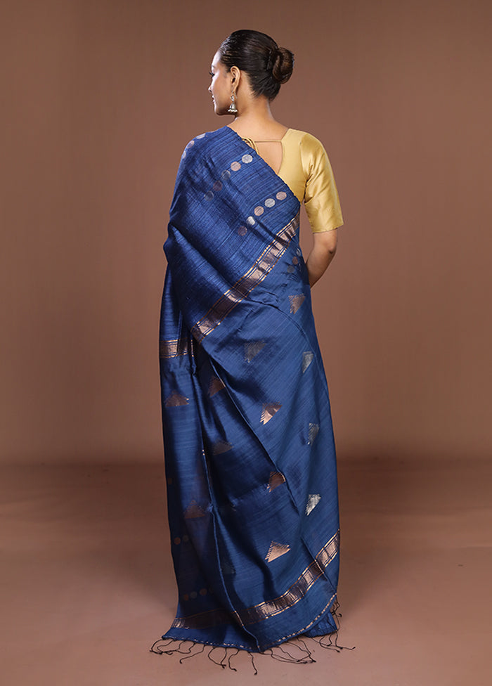 Blue Handloom Matka Pure Silk Saree With Blouse Piece