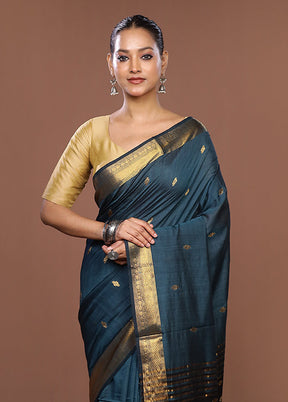 Blue Handloom Matka Pure Silk Saree With Blouse Piece