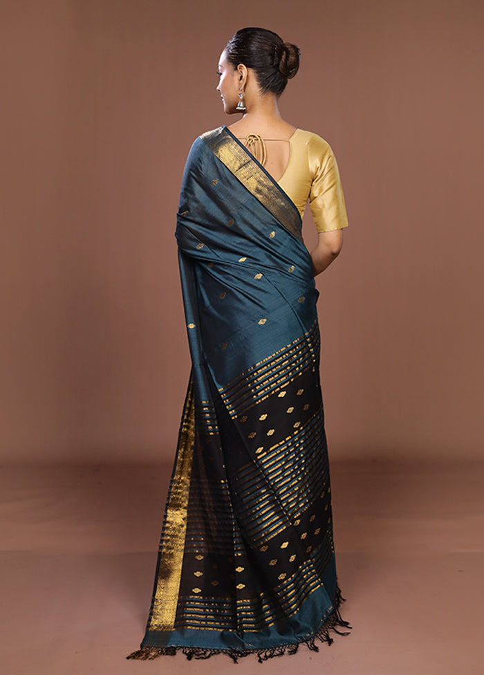 Blue Handloom Matka Pure Silk Saree With Blouse Piece
