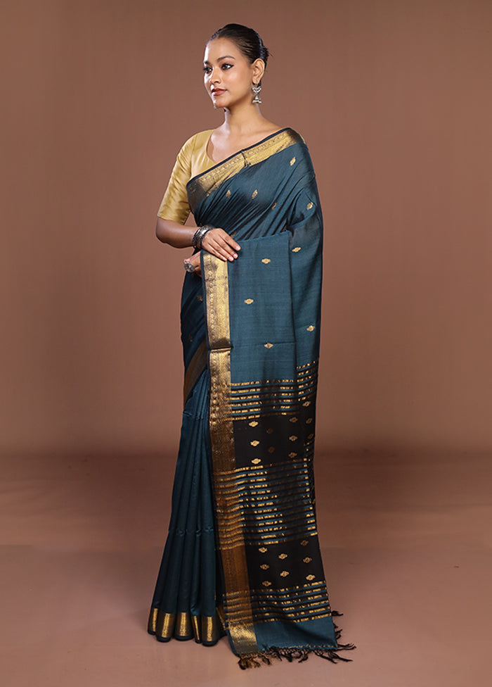 Blue Handloom Matka Pure Silk Saree With Blouse Piece