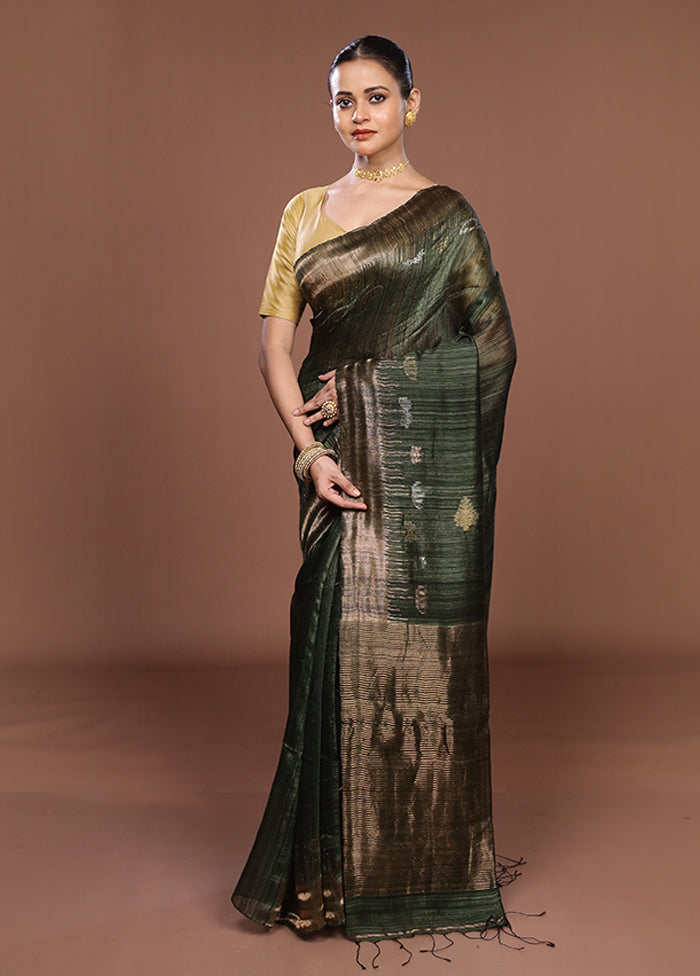 Green Handloom Matka Pure Silk Saree With Blouse Piece