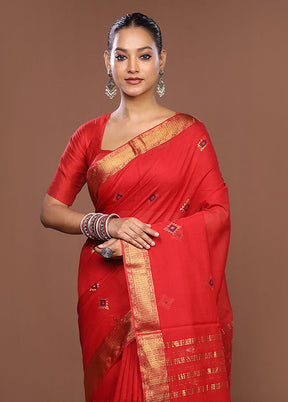 Red Handloom Matka Pure Silk Saree With Blouse Piece