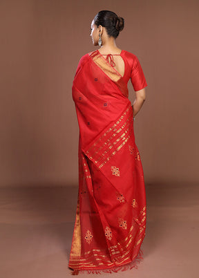 Red Handloom Matka Pure Silk Saree With Blouse Piece