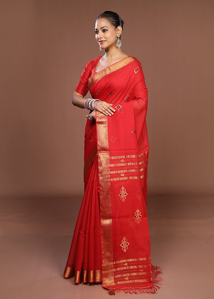 Red Handloom Matka Pure Silk Saree With Blouse Piece