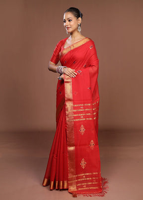Red Handloom Matka Pure Silk Saree With Blouse Piece
