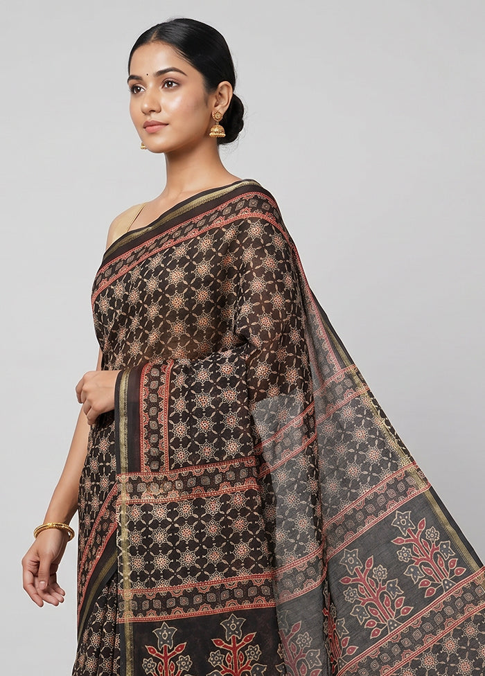 Black Chanderi Silk Saree With Blouse Piece
