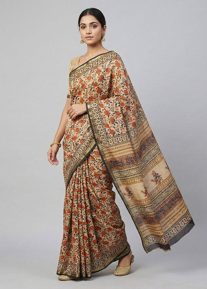 Cream Chanderi Silk Saree With Blouse Piece