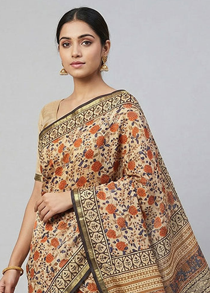 Cream Chanderi Silk Saree With Blouse Piece