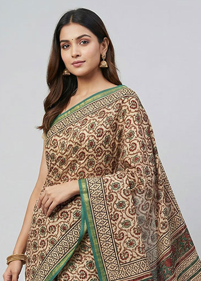 Cream Chanderi Silk Saree With Blouse Piece