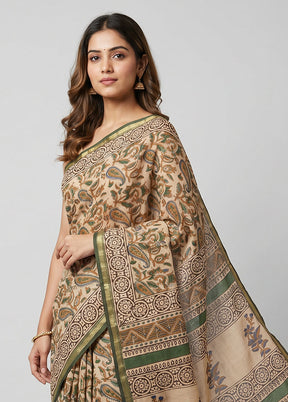 Cream Chanderi Silk Saree With Blouse Piece