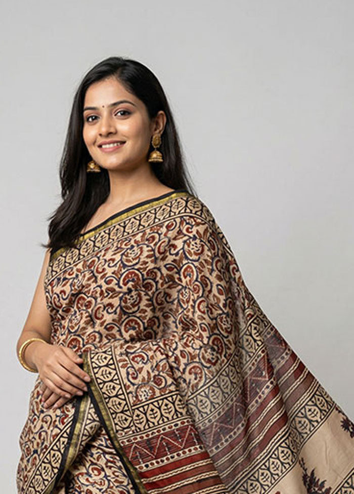 Cream Chanderi Silk Saree With Blouse Piece