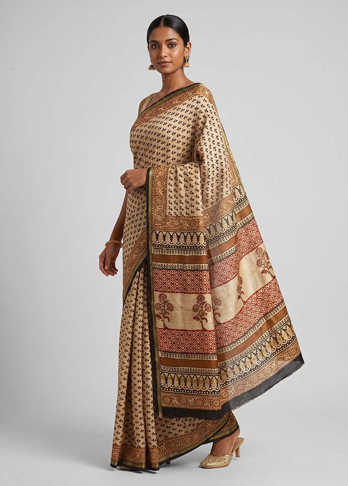 Cream Chanderi Silk Saree With Blouse Piece
