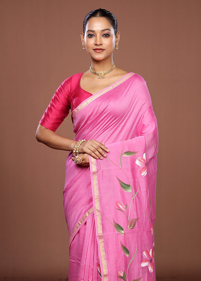Pink Chanderi Silk Saree With Blouse Piece