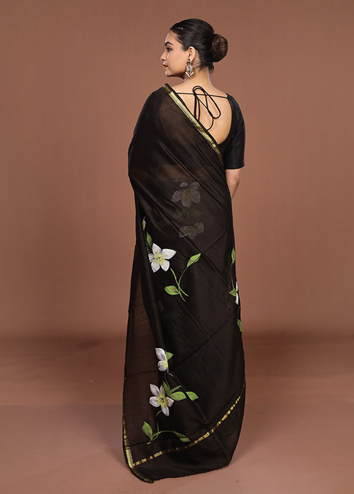 Black Chanderi Silk Saree With Blouse Piece