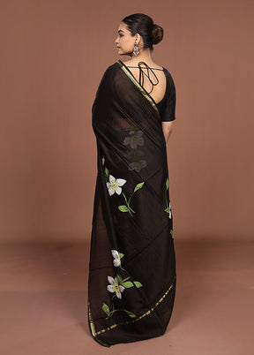 Black Chanderi Silk Saree With Blouse Piece