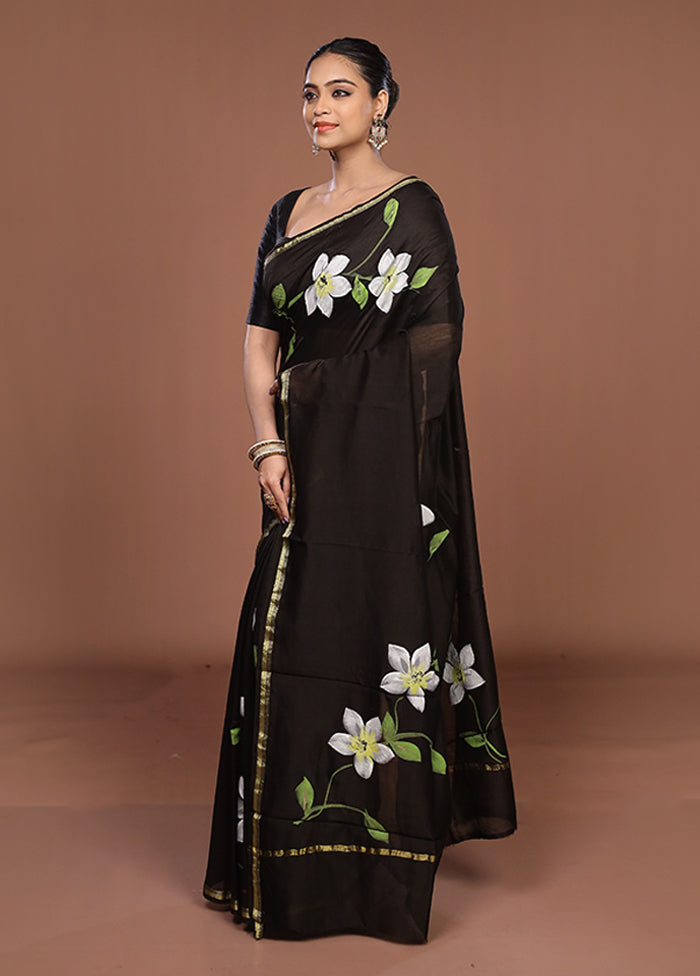 Black Chanderi Silk Saree With Blouse Piece