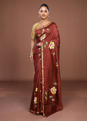 Brown Chanderi Silk Saree With Blouse Piece