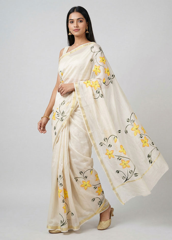White Chanderi Silk Saree With Blouse Piece