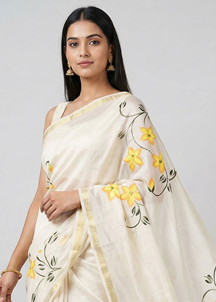 White Chanderi Silk Saree With Blouse Piece