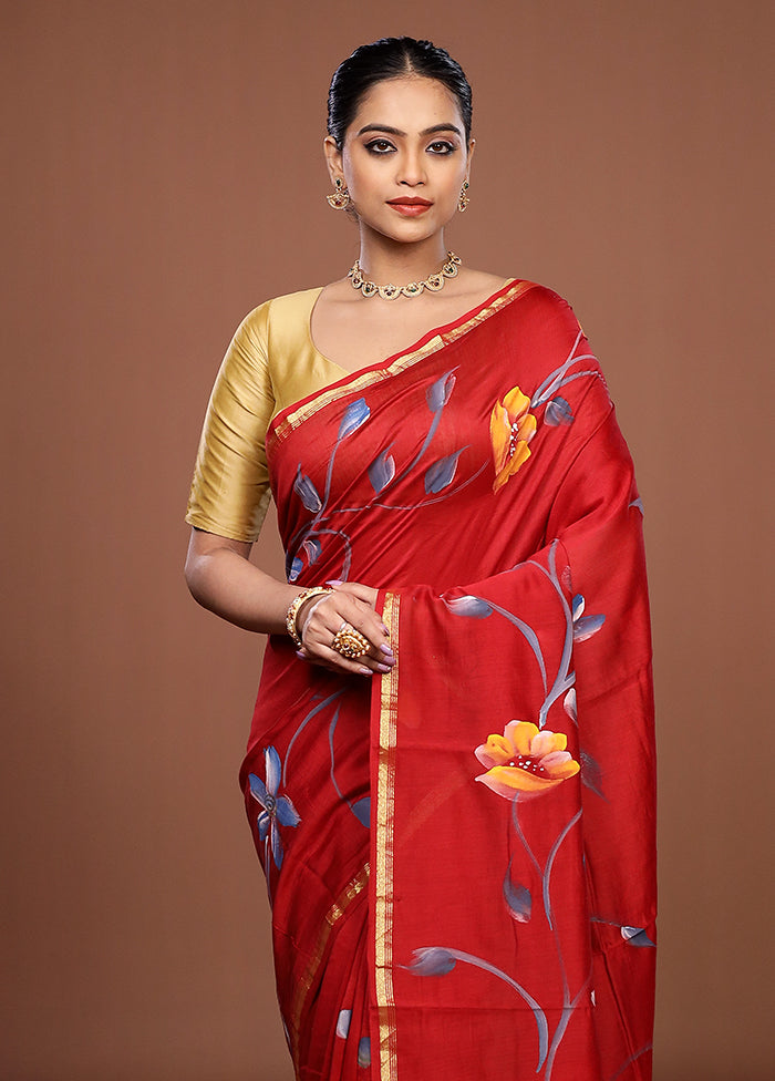 Red Chanderi Silk Saree With Blouse Piece