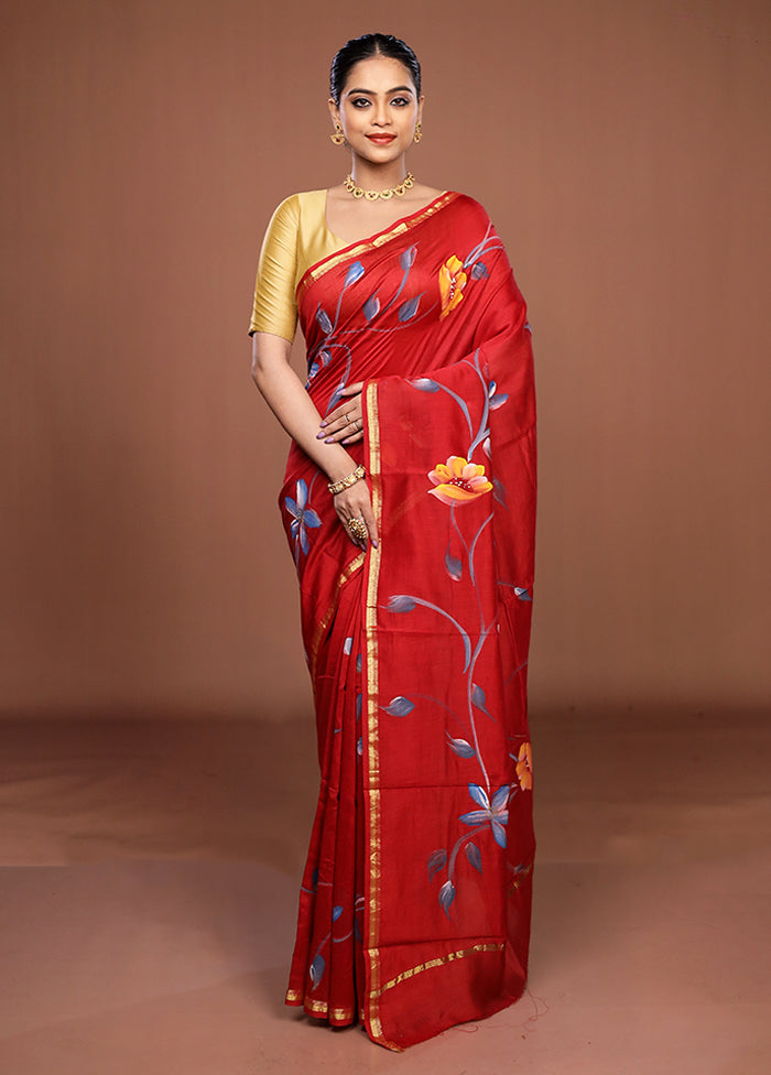 Red Chanderi Silk Saree With Blouse Piece