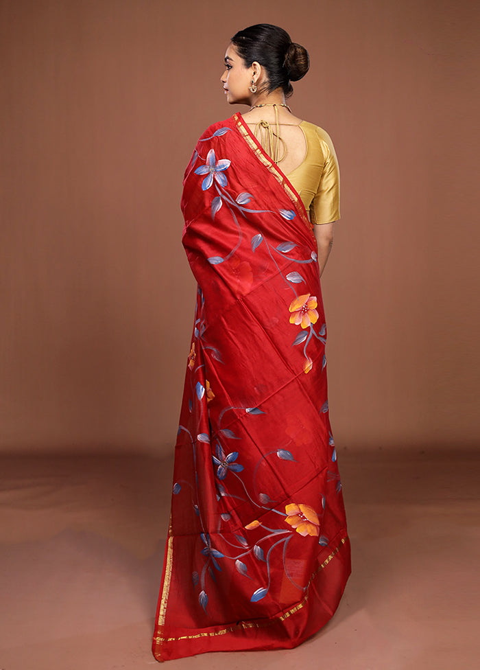 Red Chanderi Silk Saree With Blouse Piece
