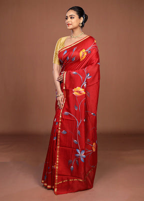 Red Chanderi Silk Saree With Blouse Piece