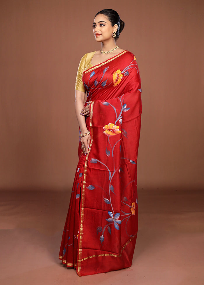 Red Chanderi Silk Saree With Blouse Piece
