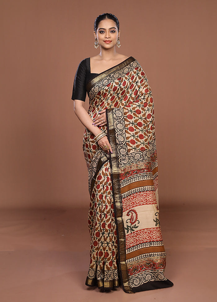 Cream Chanderi Silk Saree With Blouse Piece