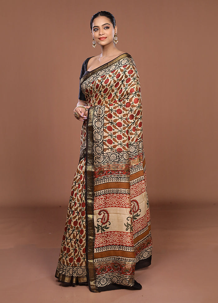 Cream Chanderi Silk Saree With Blouse Piece